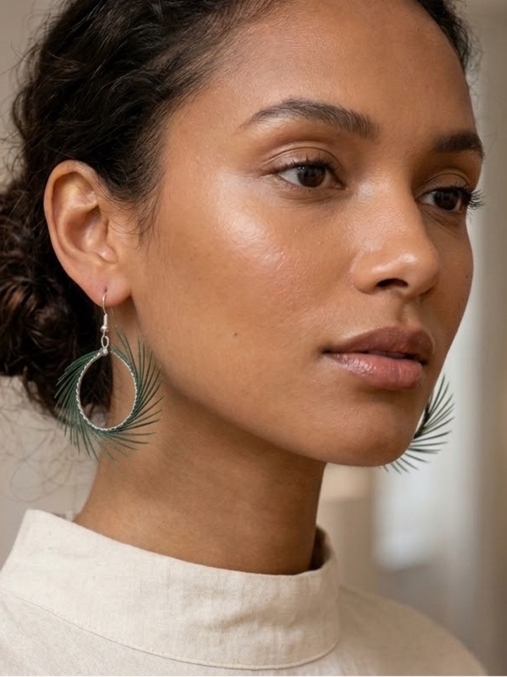 Handmade Green Feather Wire Wrapped Hoop Boho Statement Earrings